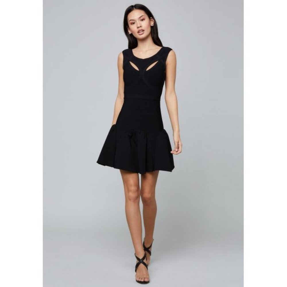 BEBE Anna Godet bandage dress with ruffled skirt